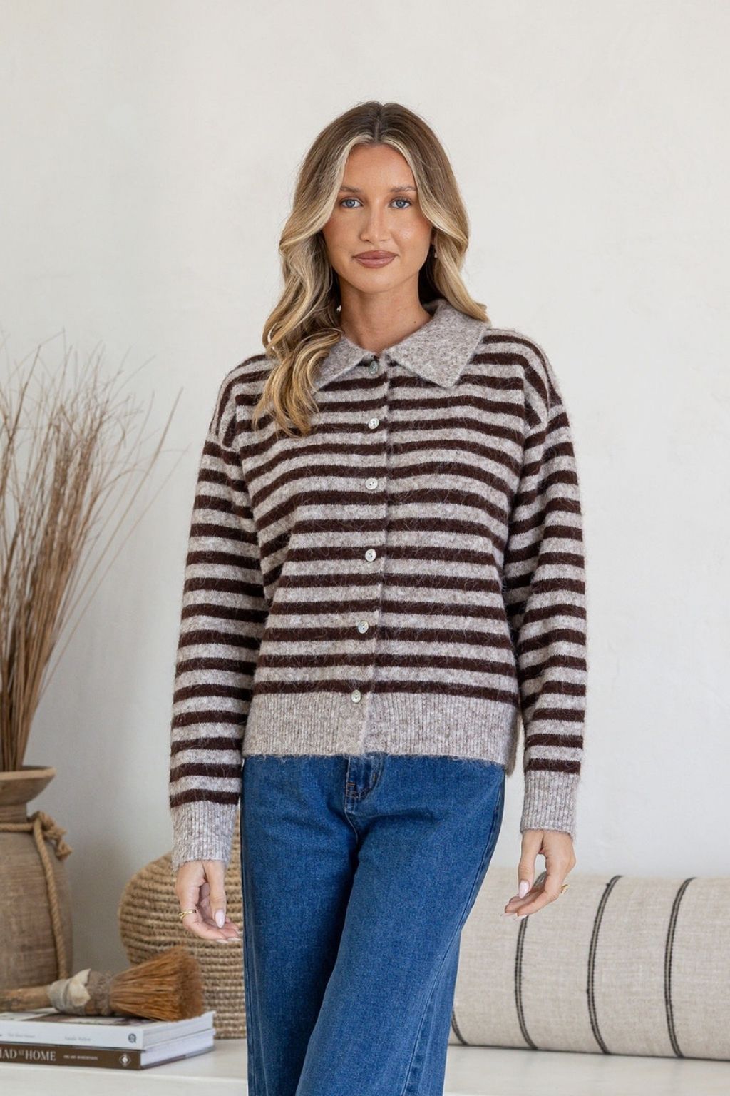 Stripe Collar Cardi | Choc &amp; Taupe