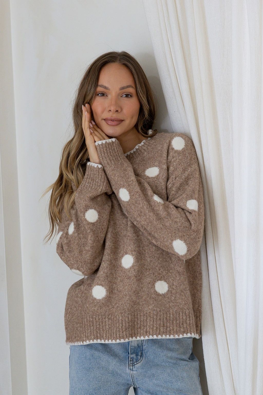 Polka Dot Blanket Stitch Knit | Warm Beige/Ivory