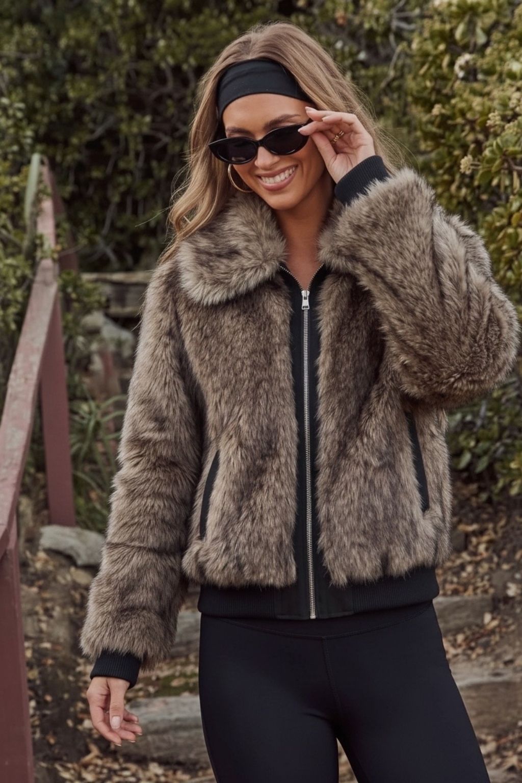 Faux Leather Trim Fur Bomber Jacket