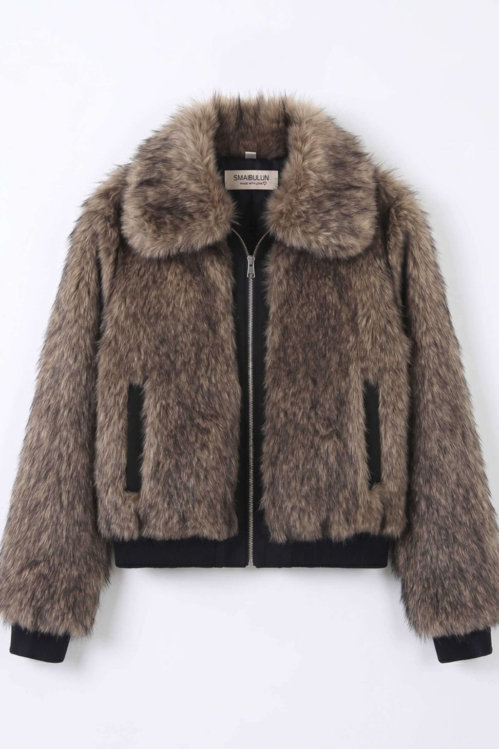 Faux Leather Trim Fur Bomber Jacket