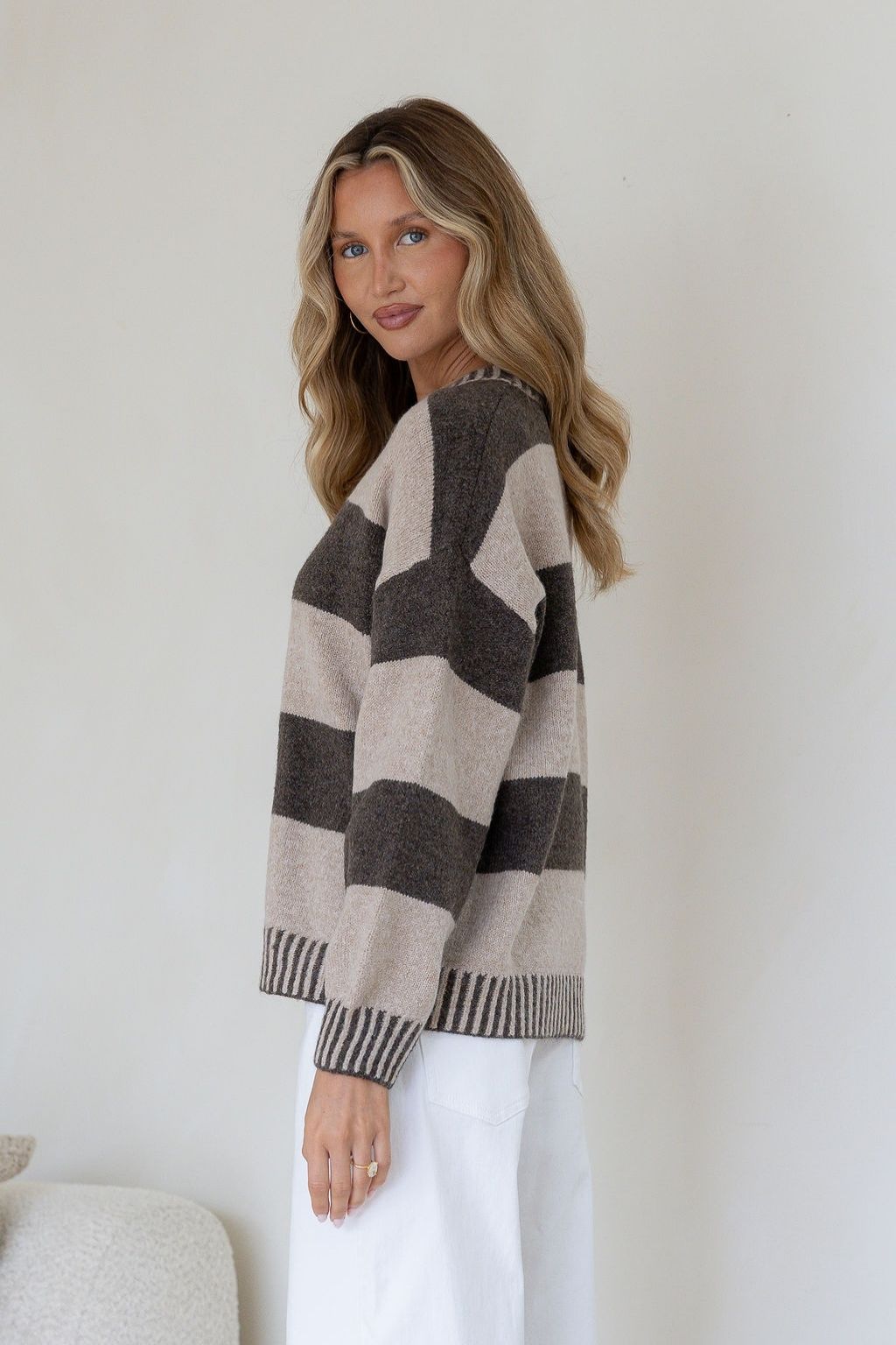 Macie Stripe Blanket Stitch Knit | Chocolate/Warm Beige