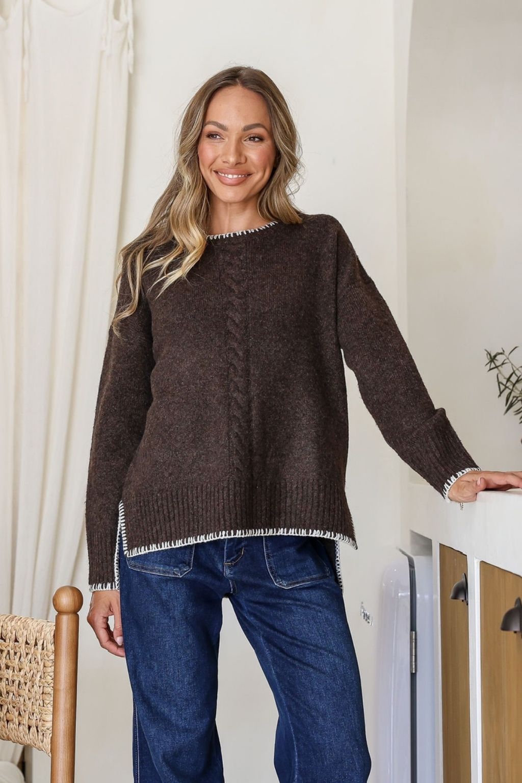 Blanket Stitch Cable Front Knit | Chocolate/Oatmeal