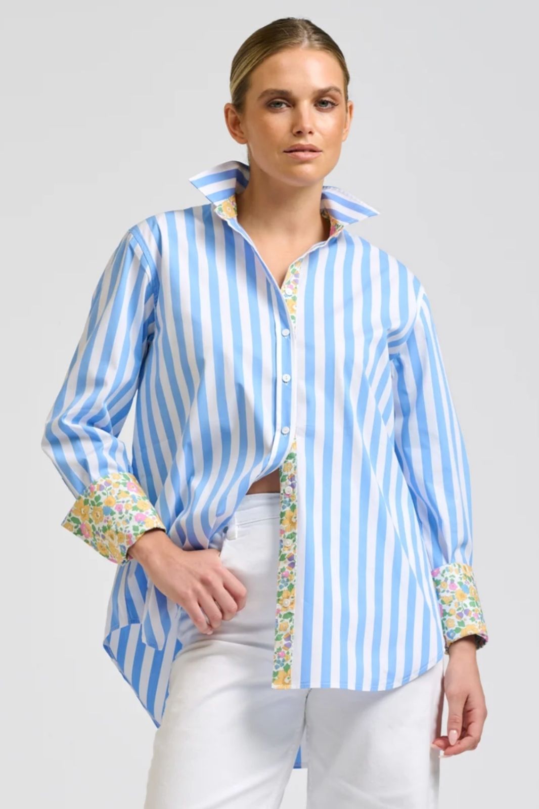 Elodie Trim Floral Shirt | Pale Blue Stripe