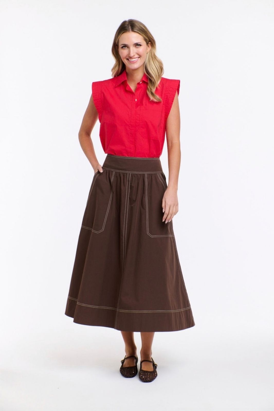 Marion Cotton Skirt | Choc/White Stitching
