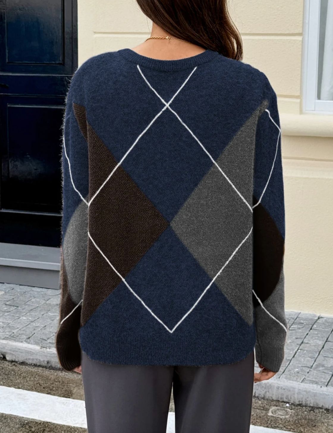 V Neck Argyle Knit Jumper | Navy/Chocolate