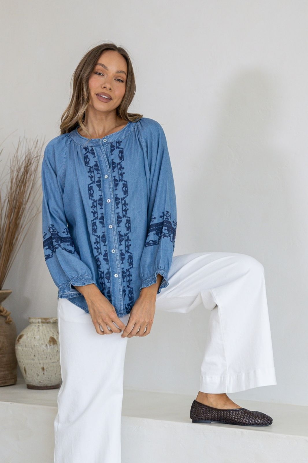 Embroidered Tencel Shirt | Chambray