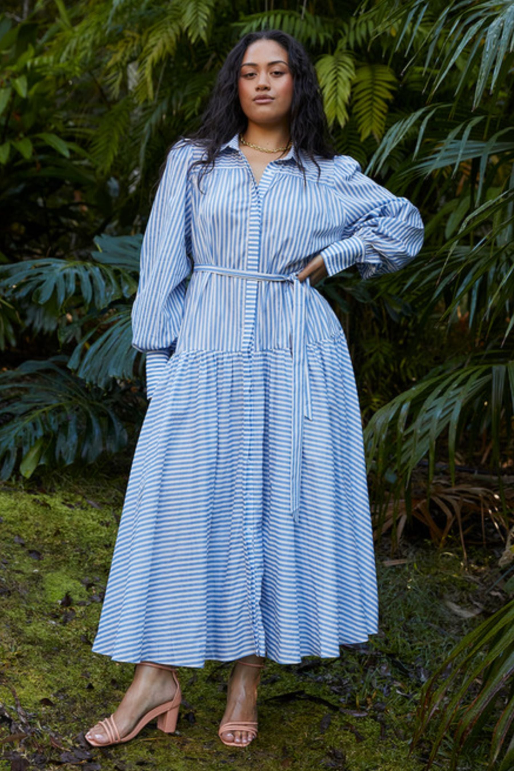 bohemian traders denim dress Light Denim Ruffle Maxi in Ice Blue
