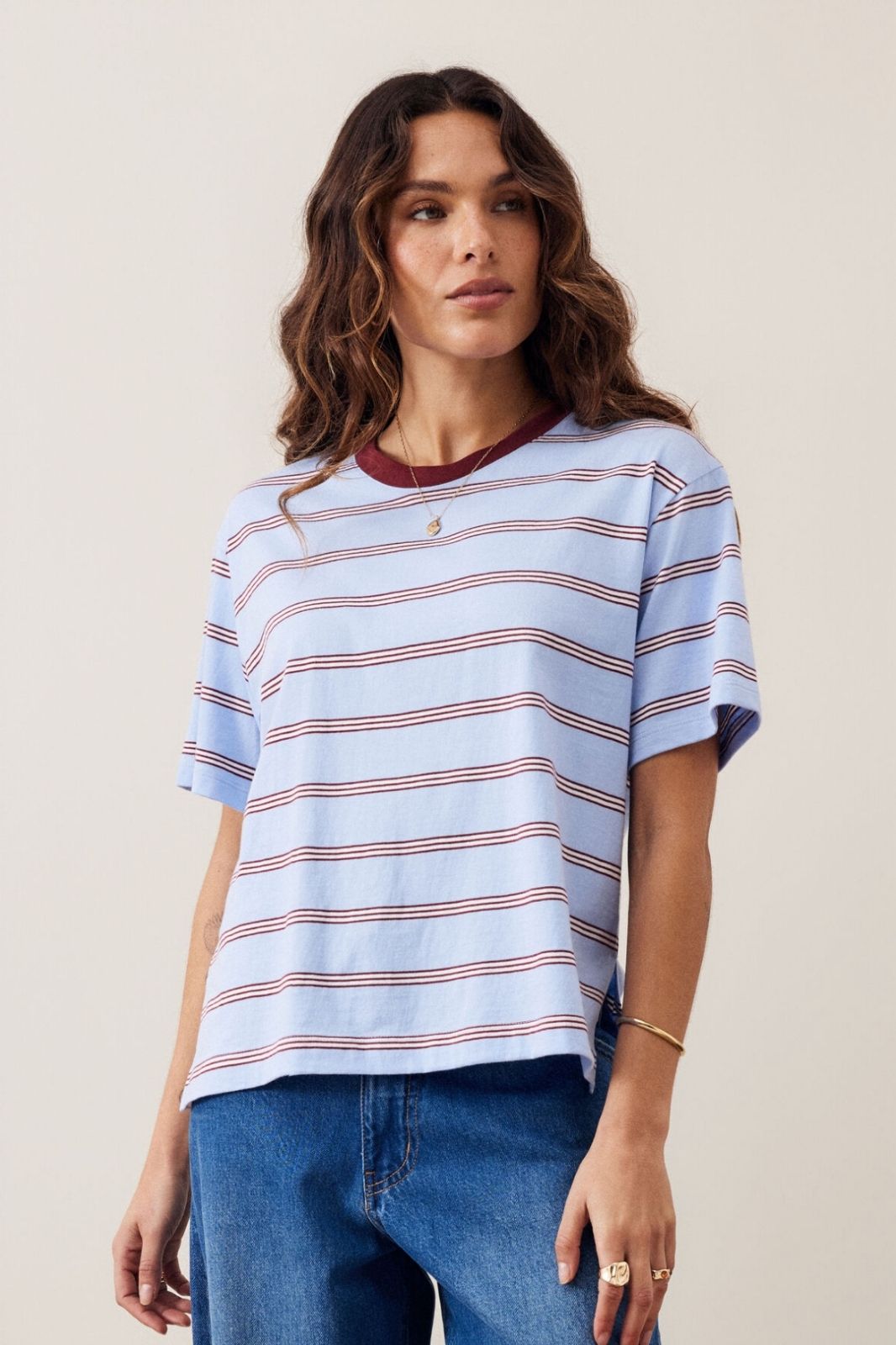 Stevie Slouchy Tee | China Blue/Mulberry White Stripe