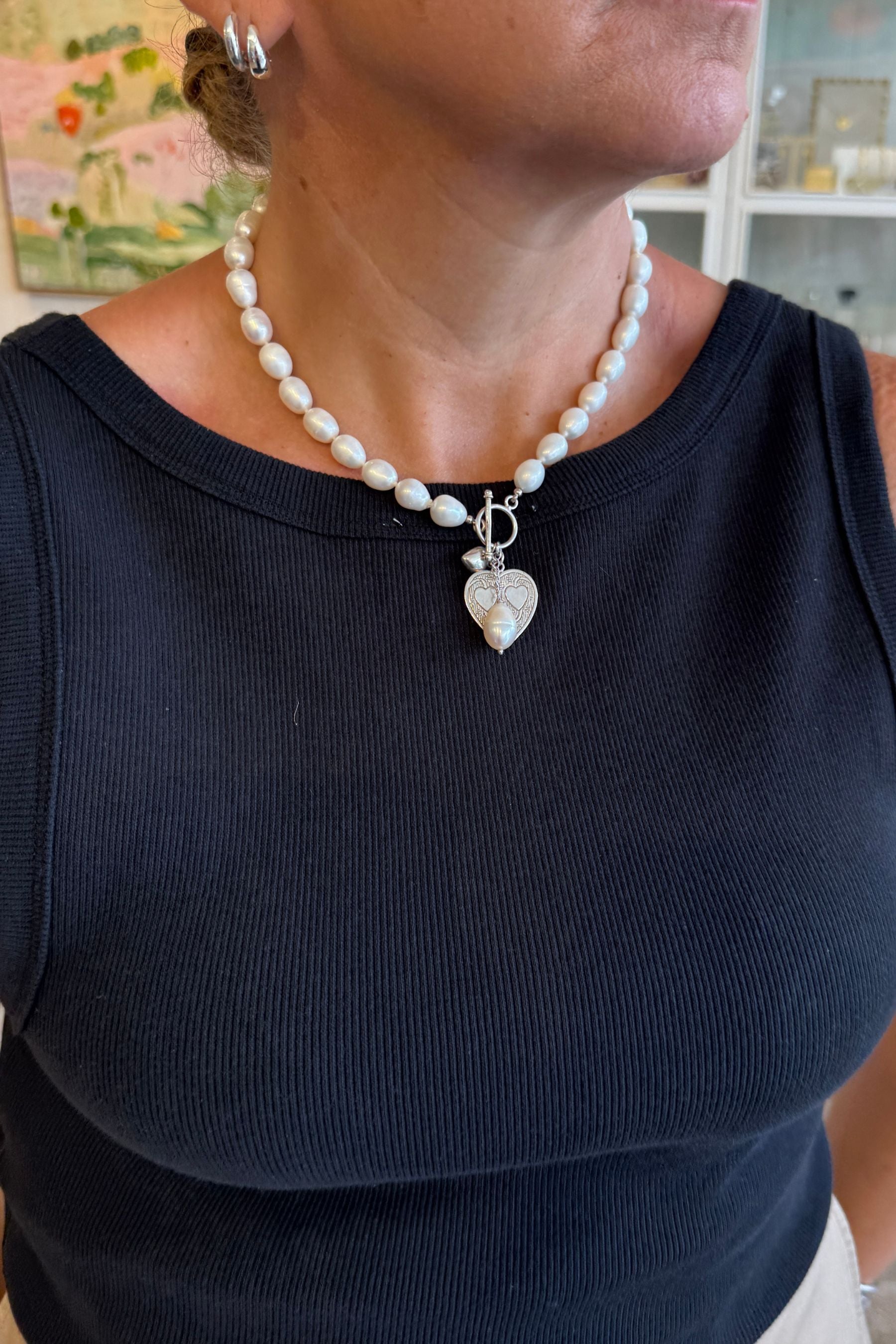 Short Baroque Pearl Necklace with 2 Heart Silver Charm