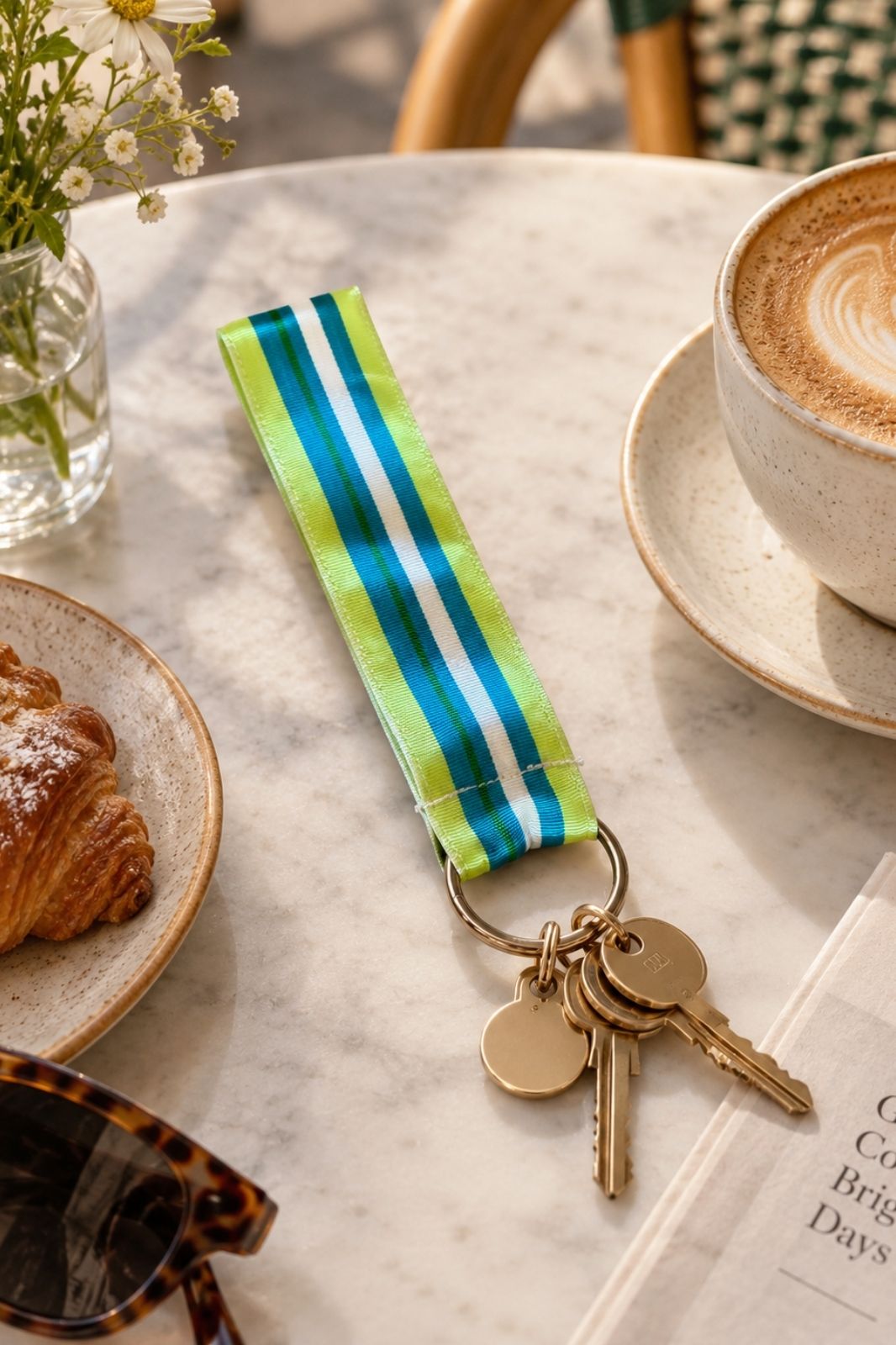 Grosgrain Key Rings | Lime/Turquoise/ White Stripe