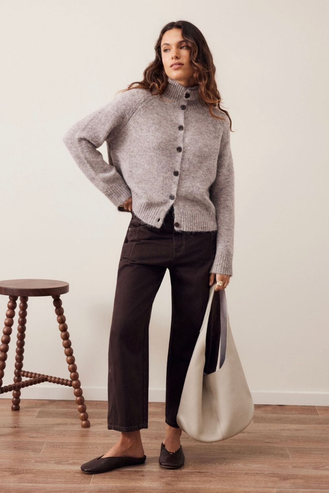 Riley Funnel Neck Tab Cardi | Taupe Marle