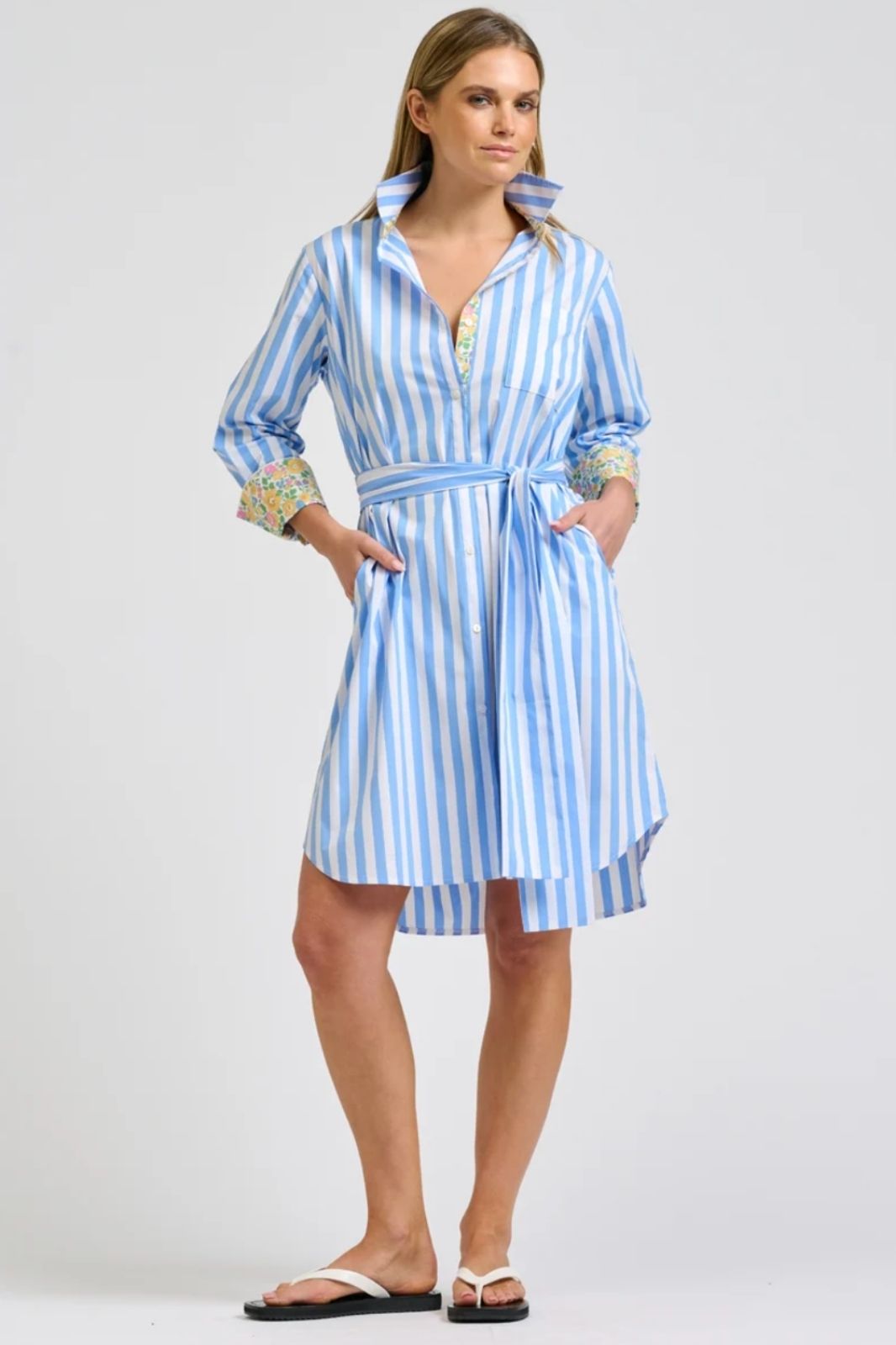 Winnie Classic Shirtdress | Pale Blue Stripe Floral Trim