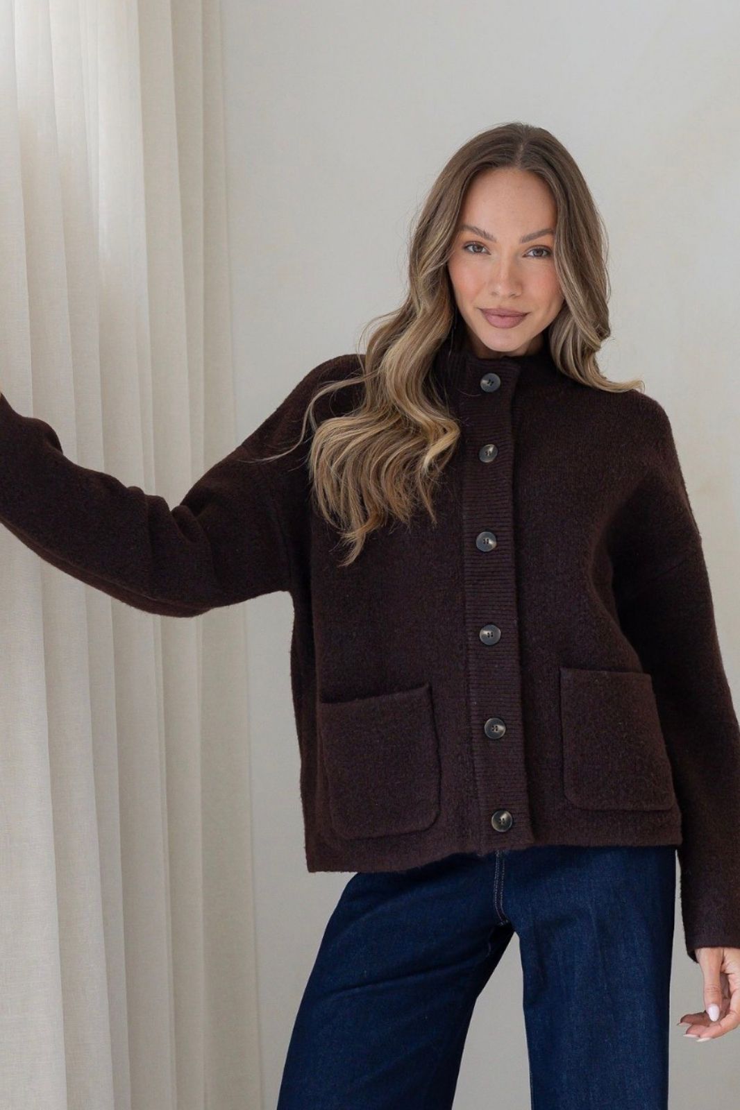 Funnel Neck Front Pocket  Cardi | Chocolate