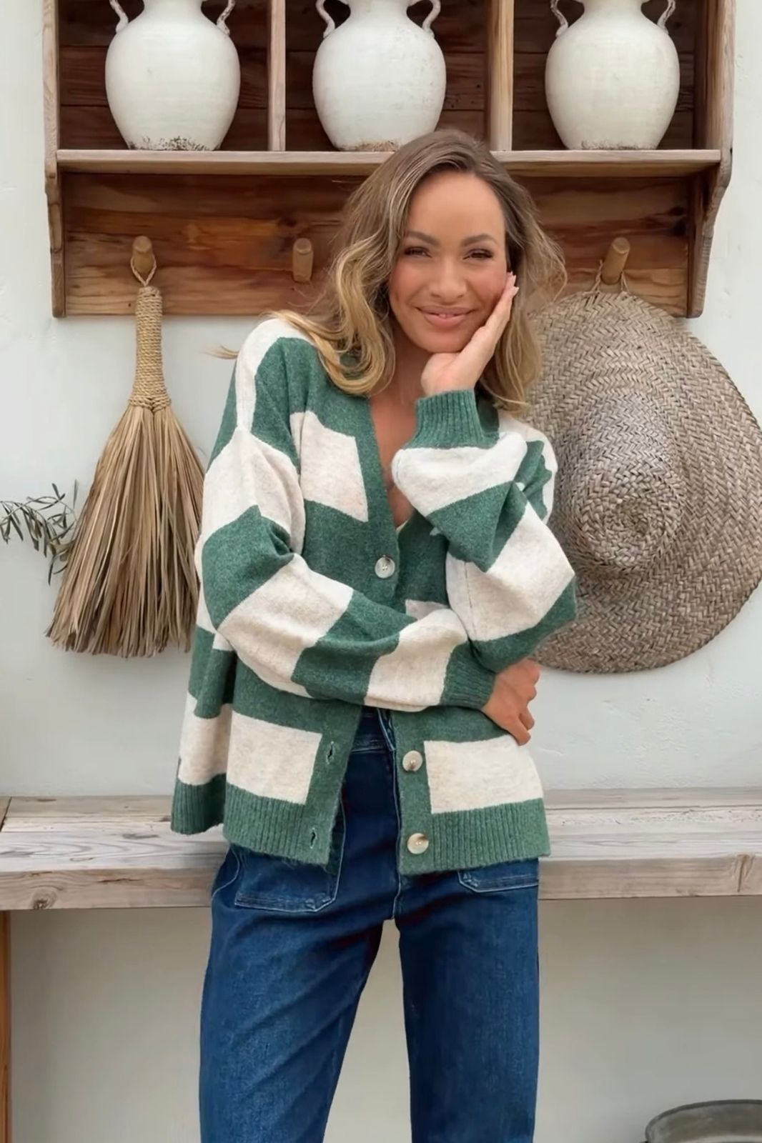 V Neck Stripe Cardi | Khaki &amp; Oatmeal