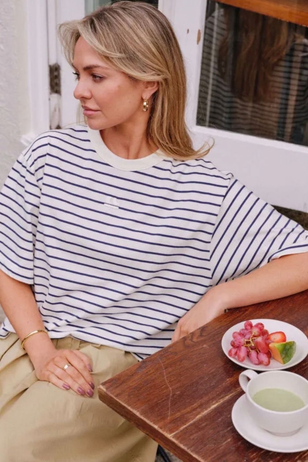 Phoebe Premium Tee | Milk/Prussian Blue Stripe