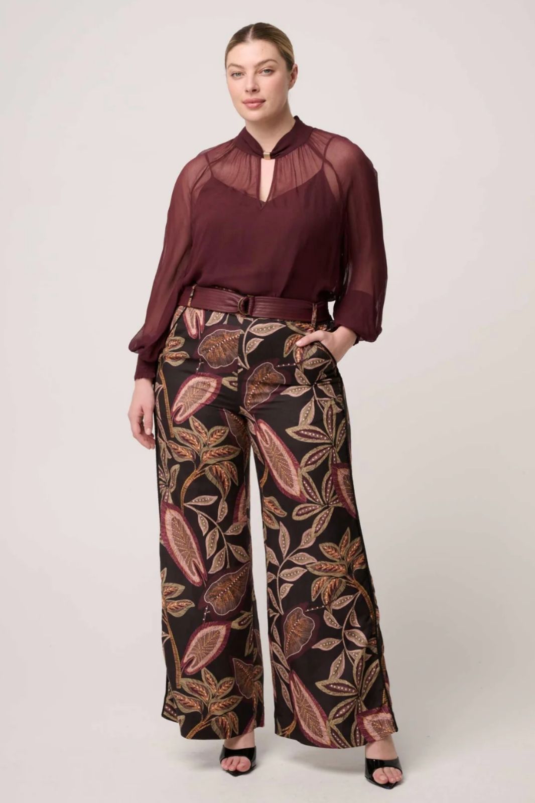 Adele Linen Viscose Belted Printed Pant | Dark Tropical