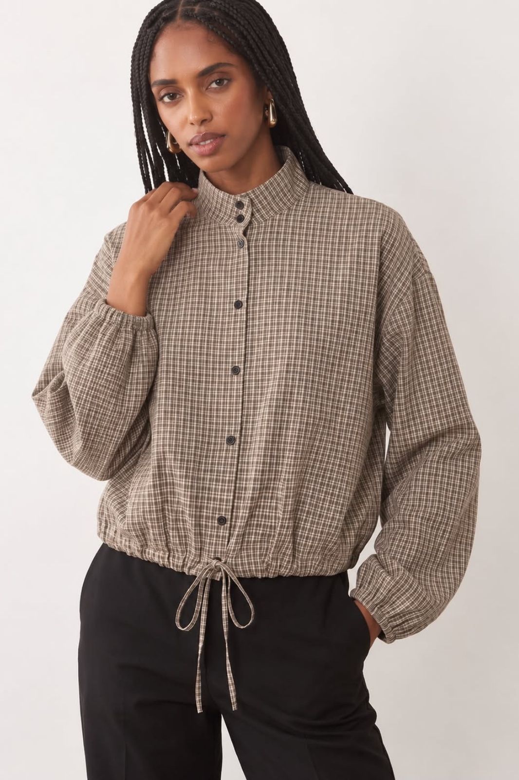 Gingham Drawstring Jacket | Chocolate Check