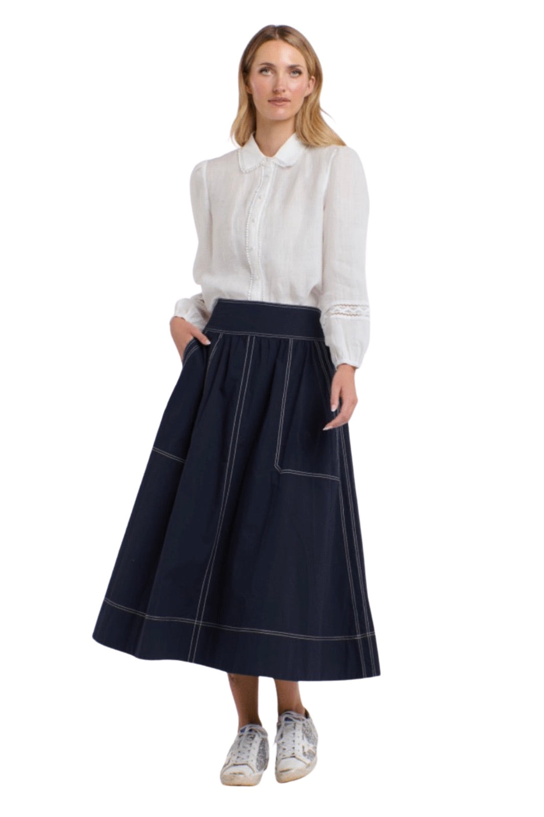 Marion Cotton Skirt | Navy/Natural Stitching