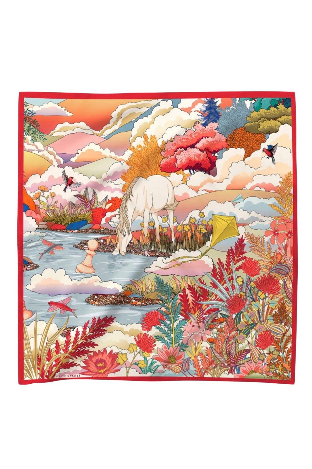 Silk &amp; Cotton Scarf | Enchanted Horse Red 70 x 70cm