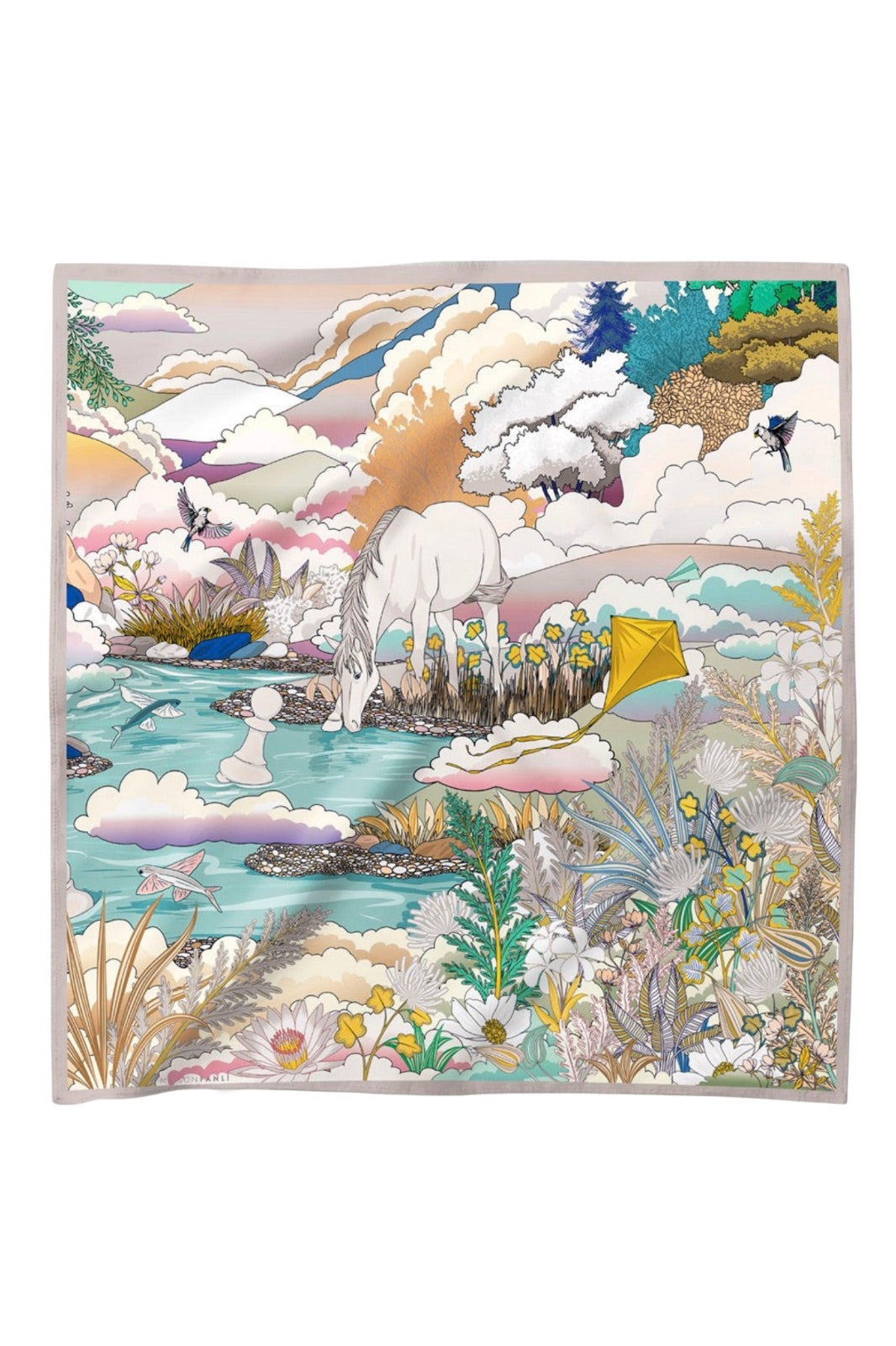 Silk &amp; Cotton Scarf | Enchanted Horse Pastel 70 x 70cm