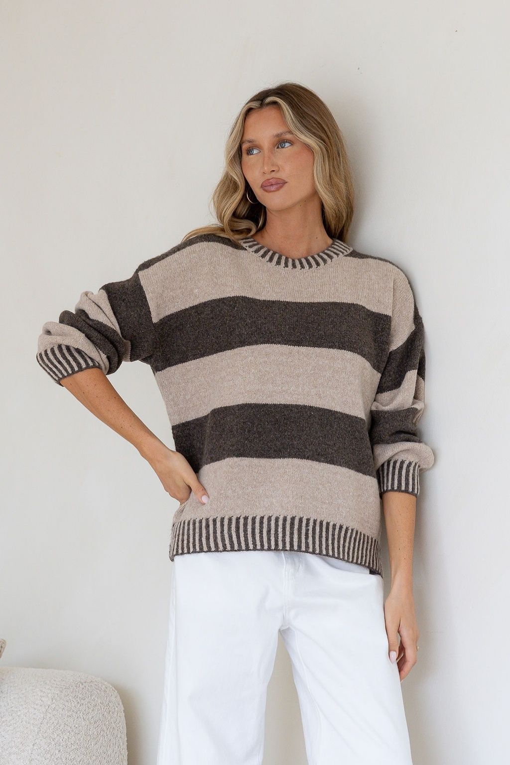 Macie Stripe Blanket Stitch Knit | Chocolate/Warm Beige