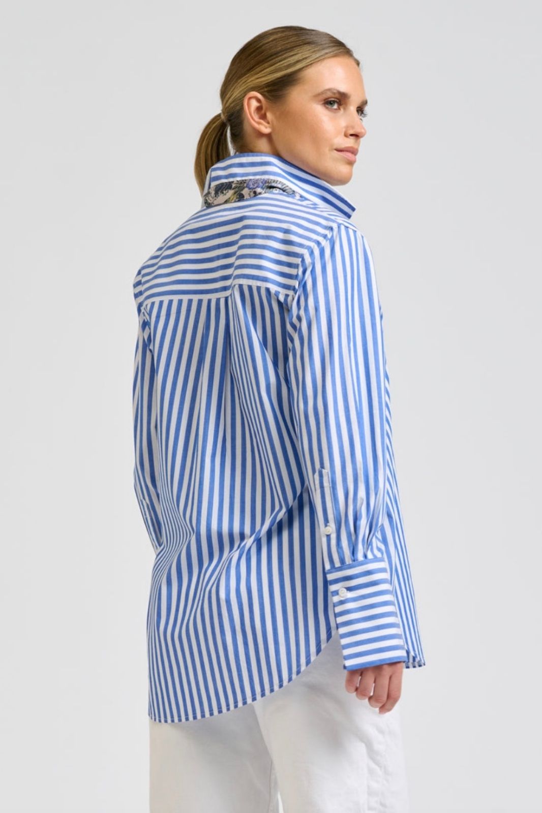 Elodie Trim Silk Shirt | Mid Blue Stripe