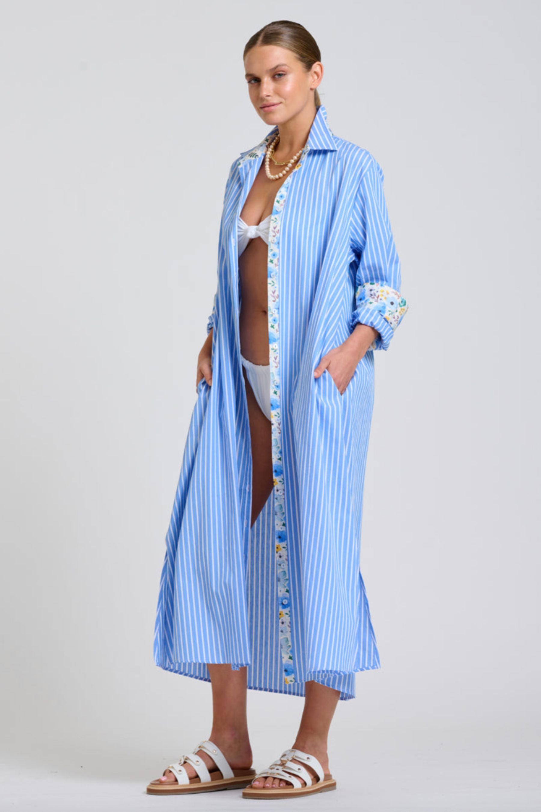 The Luna Longline Shirt Dress | Blue Stripe Floral Trim