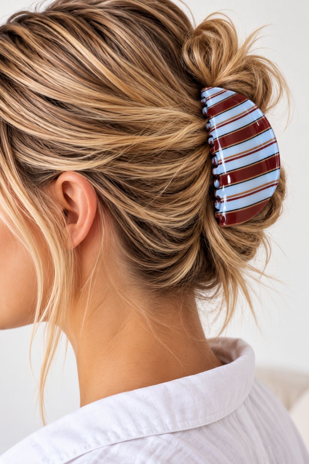 Curved Claw Clip | Pale Blue &amp; Chocolate Stripe