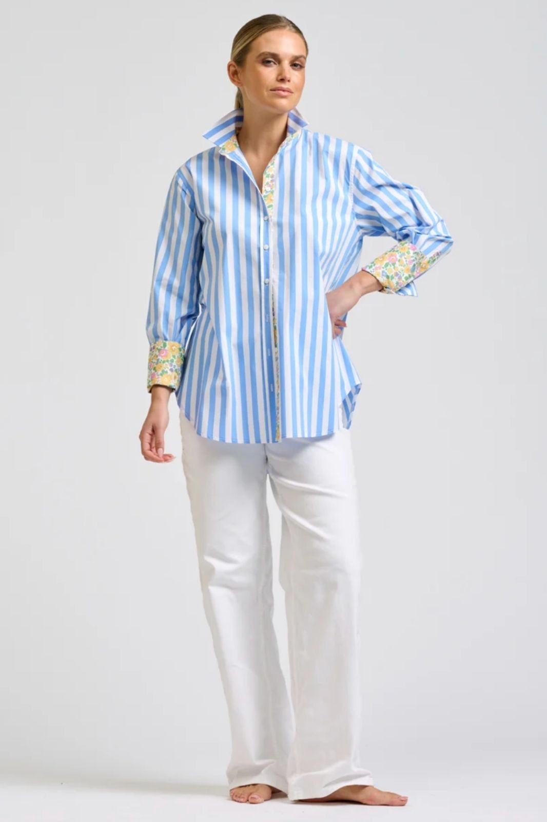 Elodie Trim Floral Shirt | Pale Blue Stripe