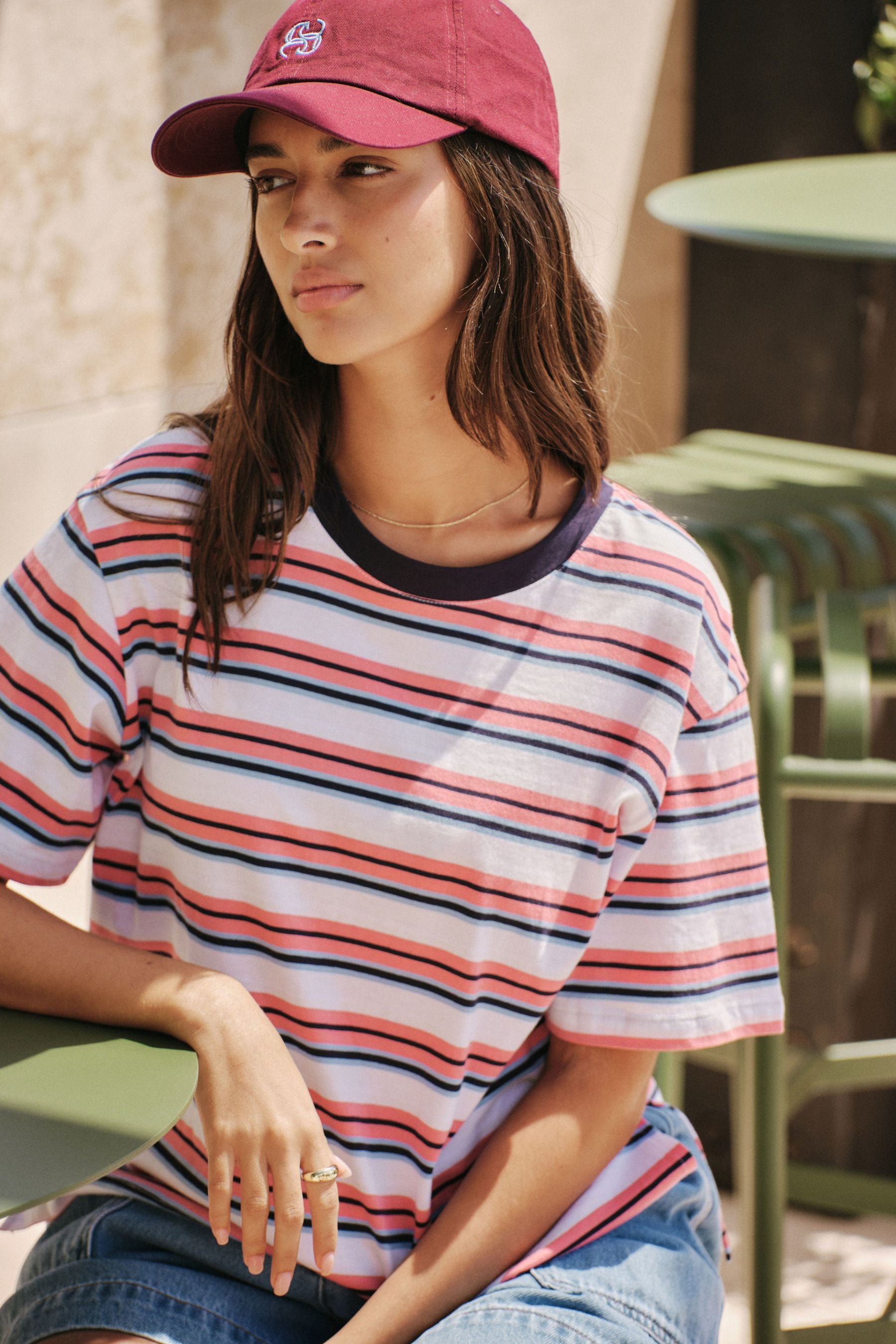Stevie Slouchy Tee | Washed Coral/New Navy Stripe