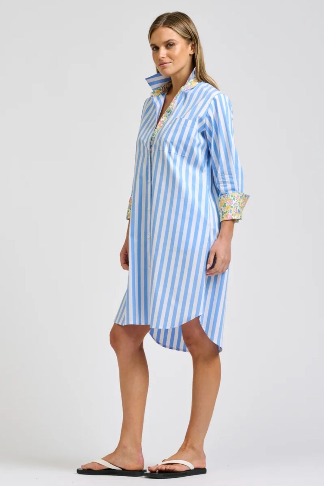 Winnie Classic Shirtdress | Pale Blue Stripe Floral Trim
