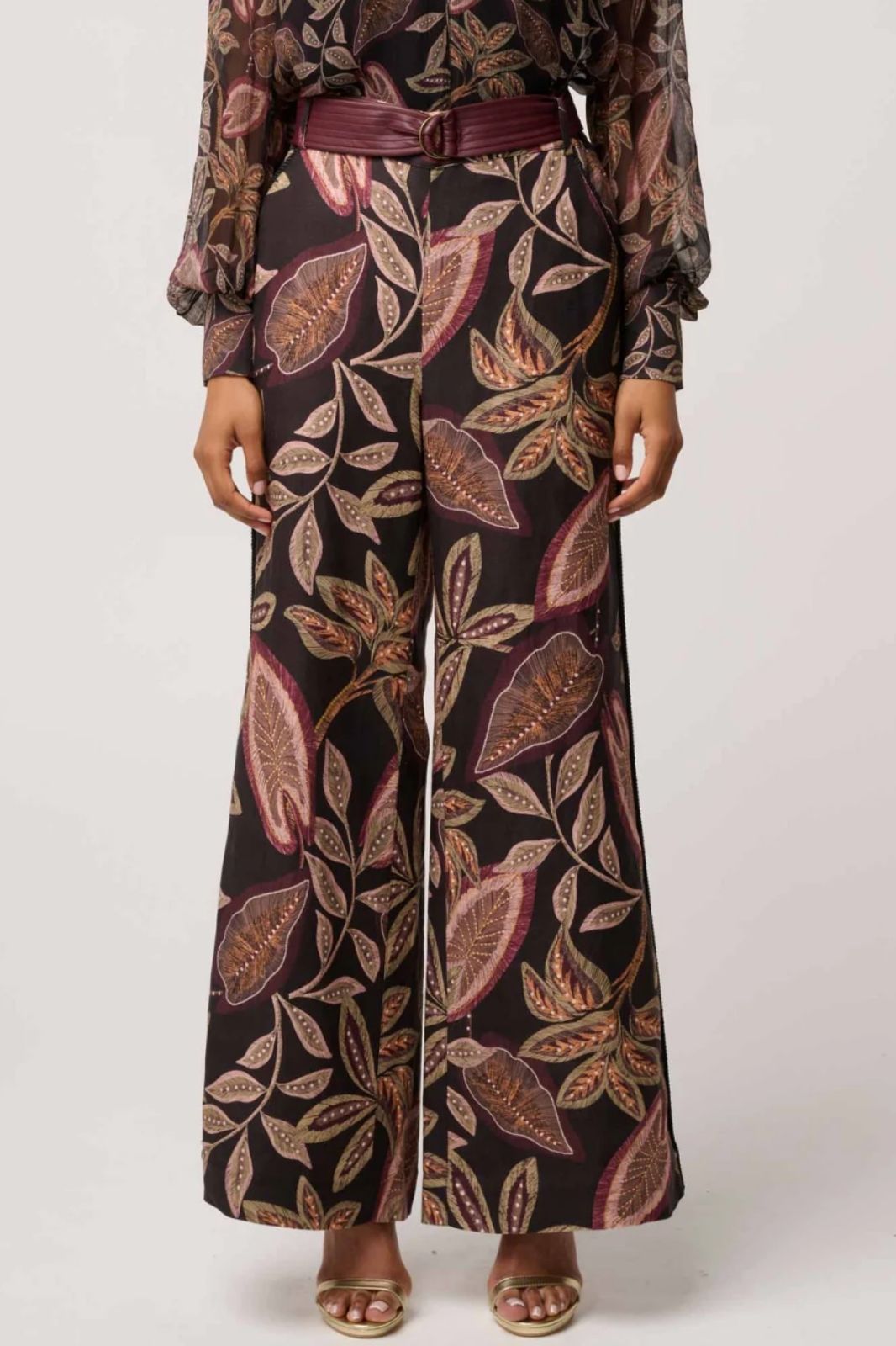 Adele Linen Viscose Belted Printed Pant | Dark Tropical