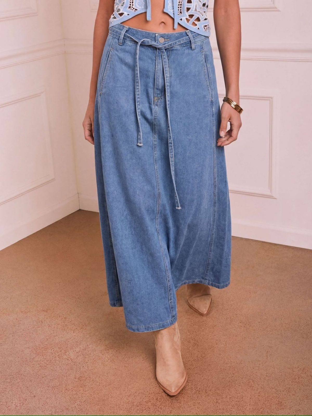 Tie Detail Denim Maxi Skirt | Mid Wash Denim