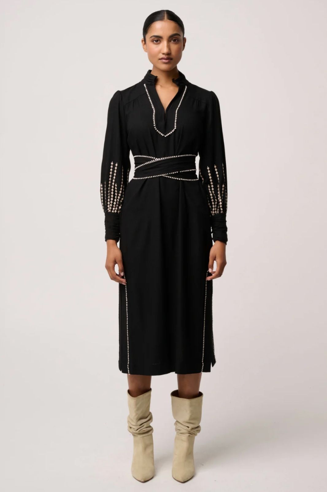 Edith Linen Viscose Embroidered Midi Dress | Black