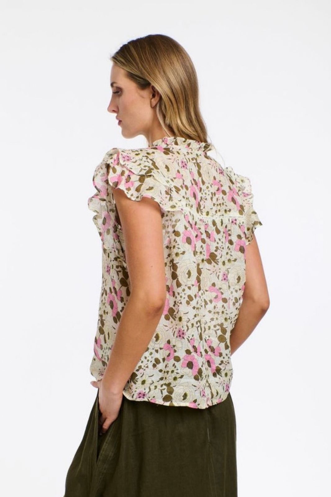 Greta Flutter Top | Ecru Floral Print
