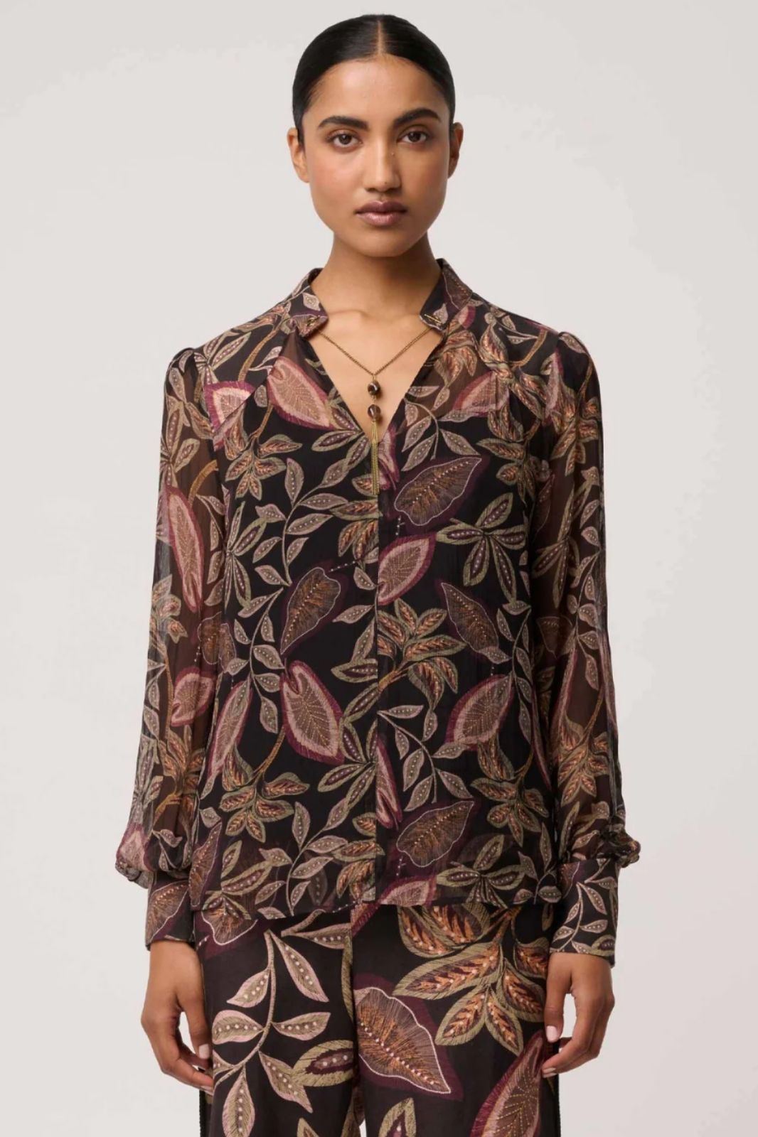 Freya Sheer Viscose Blouse with Embellished Neck Detail | Dark Tropique