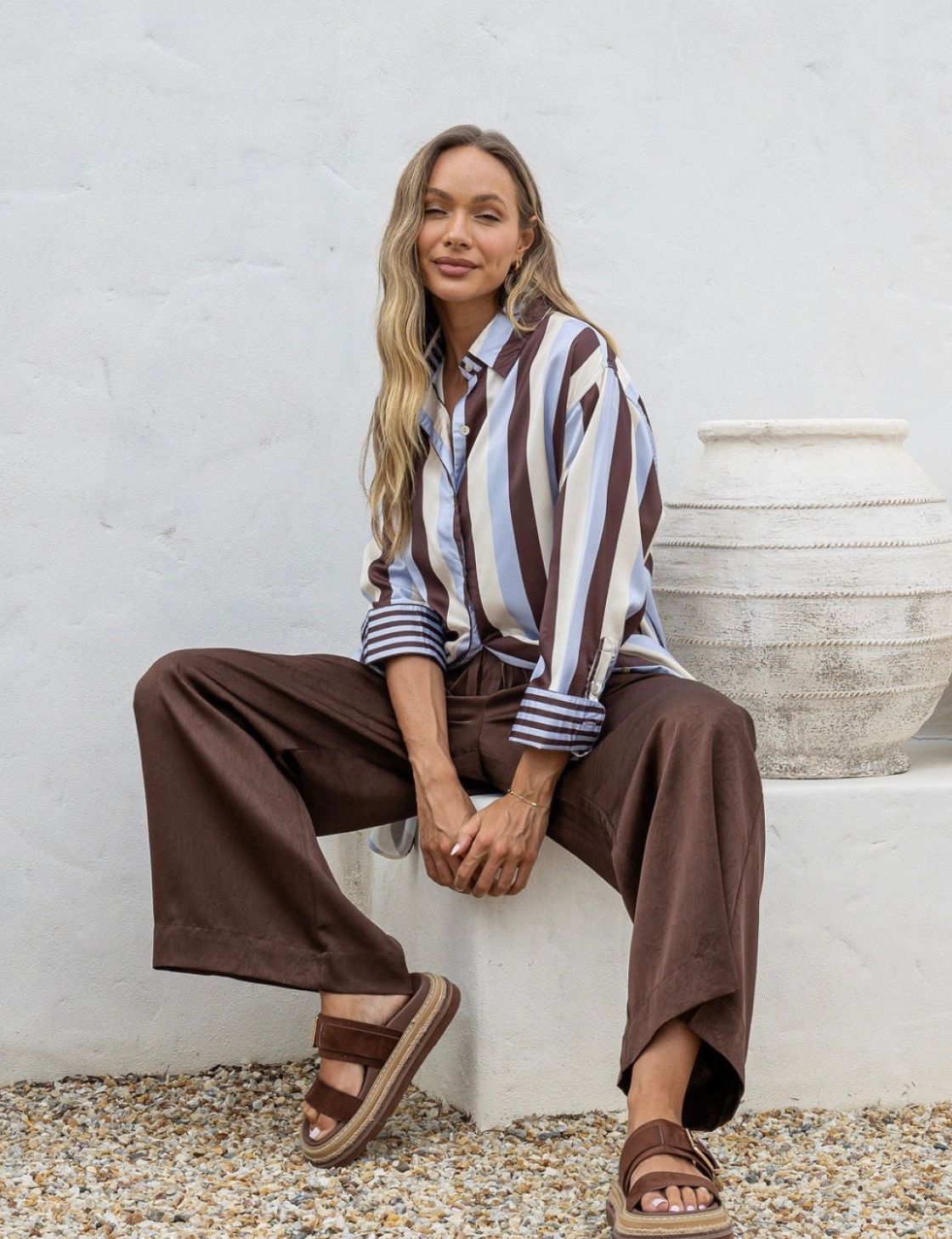 Portofino Stripe Shirt | Choc, Cream &amp; Blue