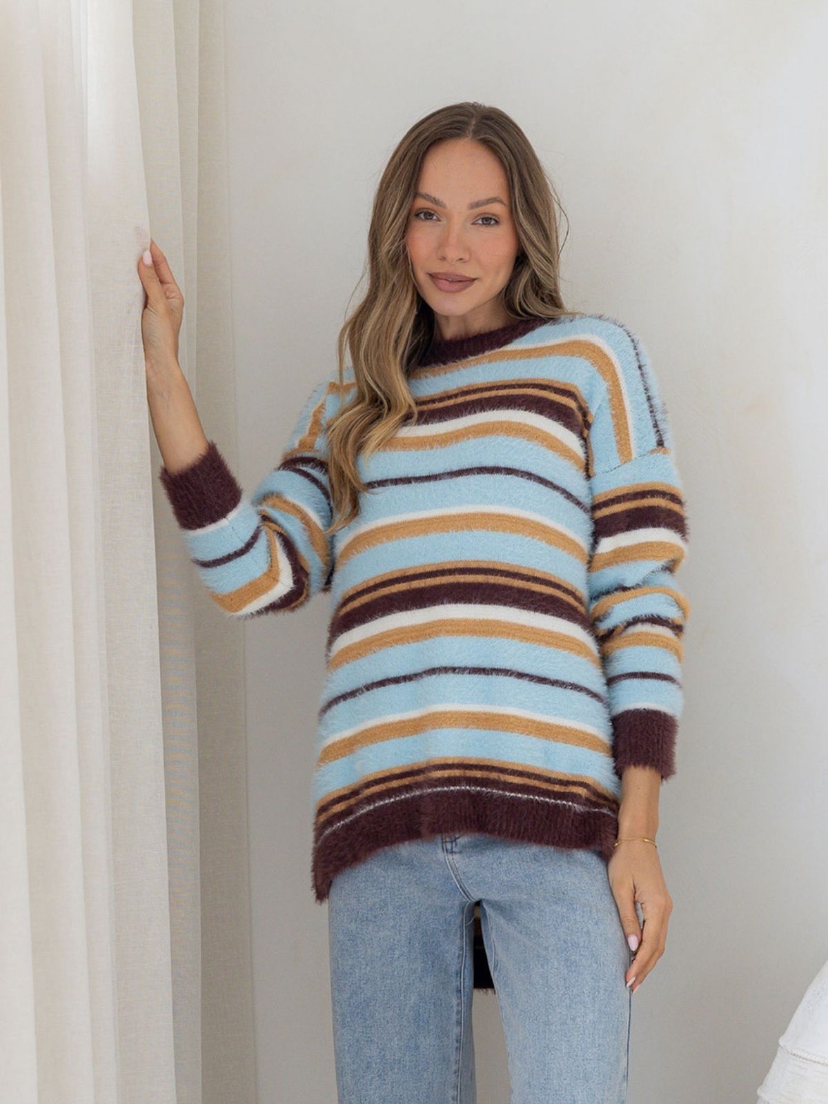 Multi Stripe Fluffy Knit | Pale Blue, Choc, Caramel Combo