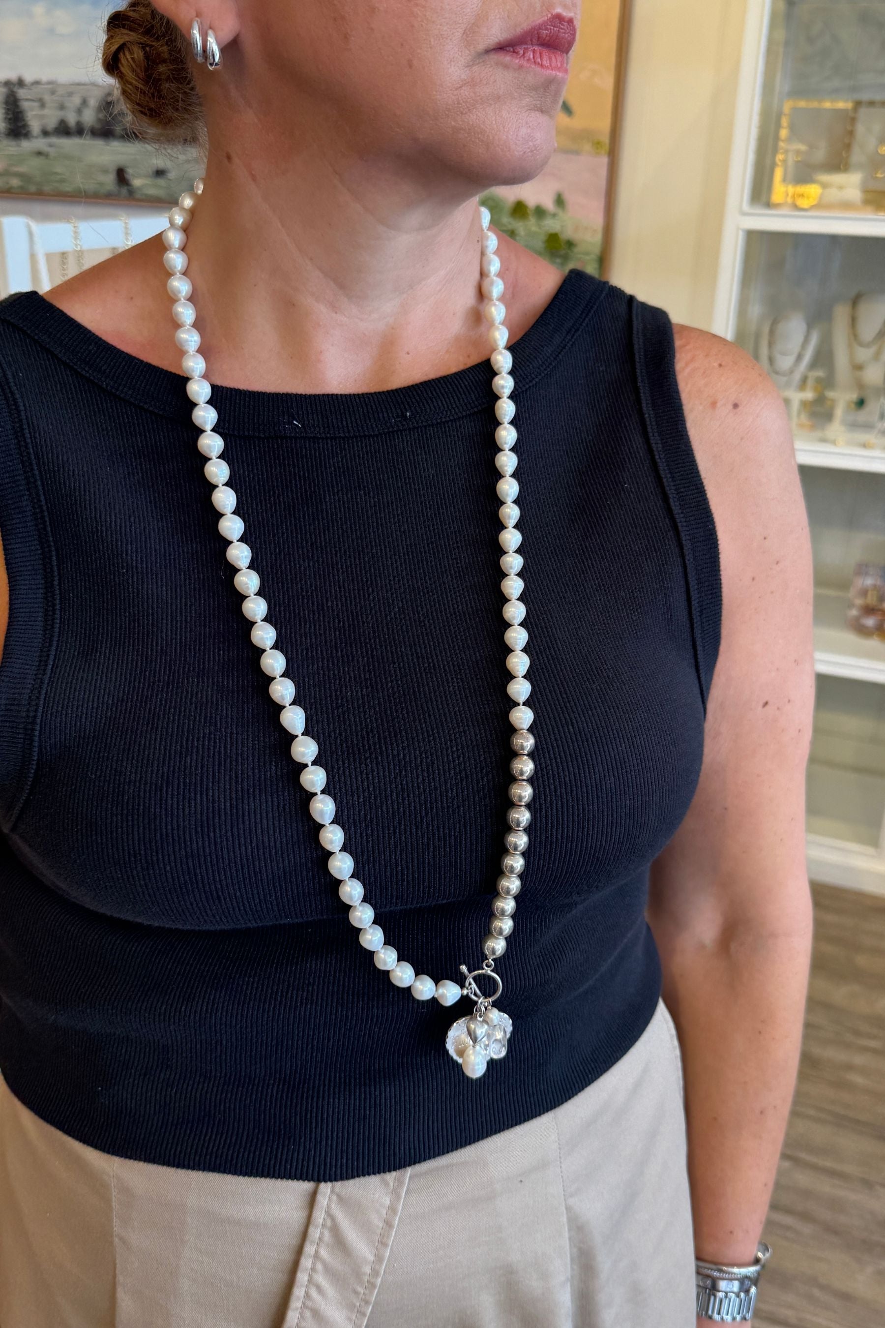 Long Pearl Baroque Necklace with SS Ex Lge J'taime Heart &amp; SS 10MM Balls