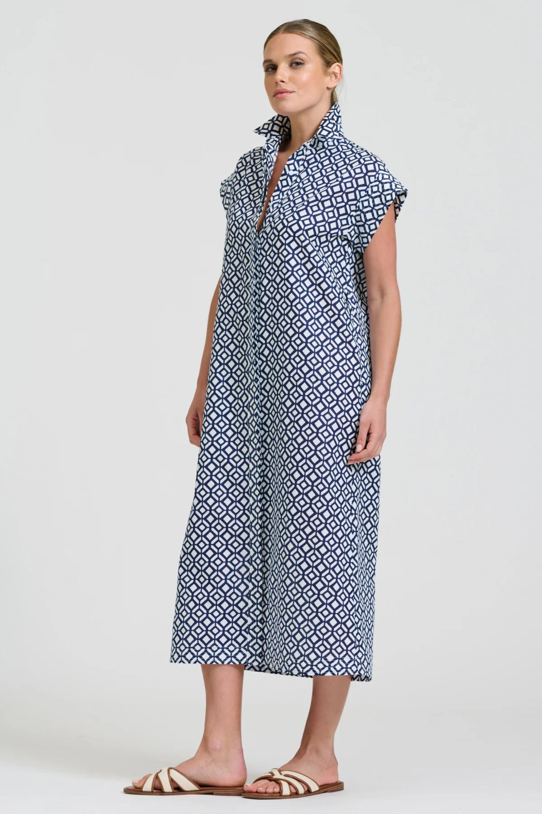 The Fifi Shirt Dress | White With Navy Print