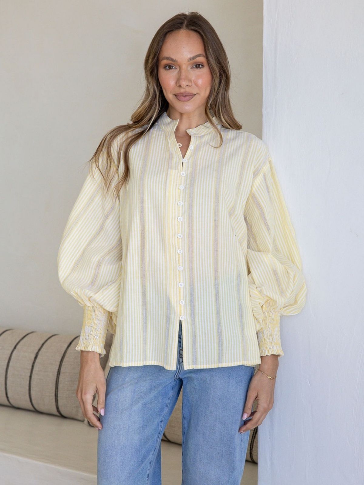 Seersucker Stripe Cotton Shirt | Lemon