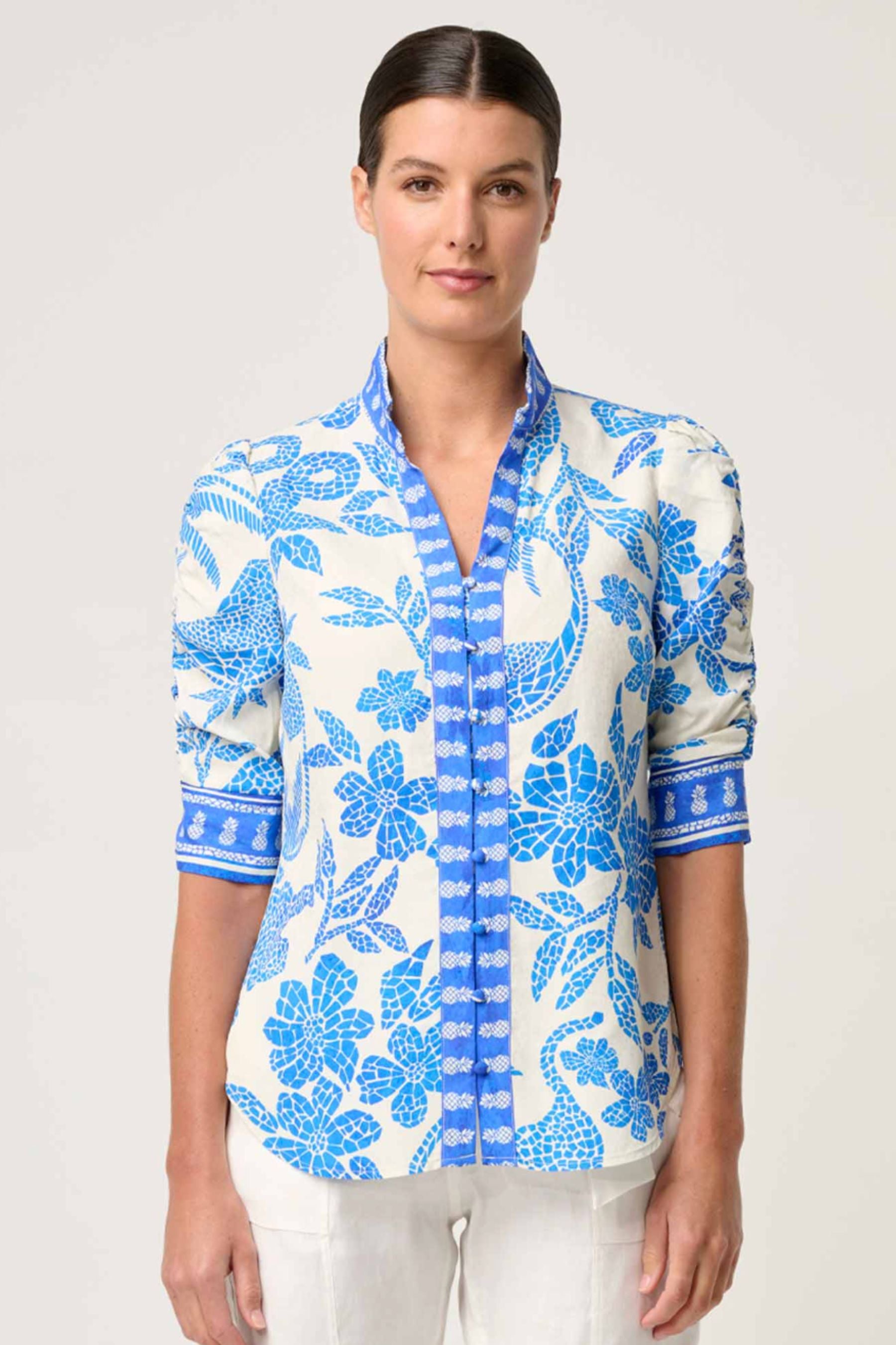 Calantha Contrast Trim Shirt | Azure Mosaic