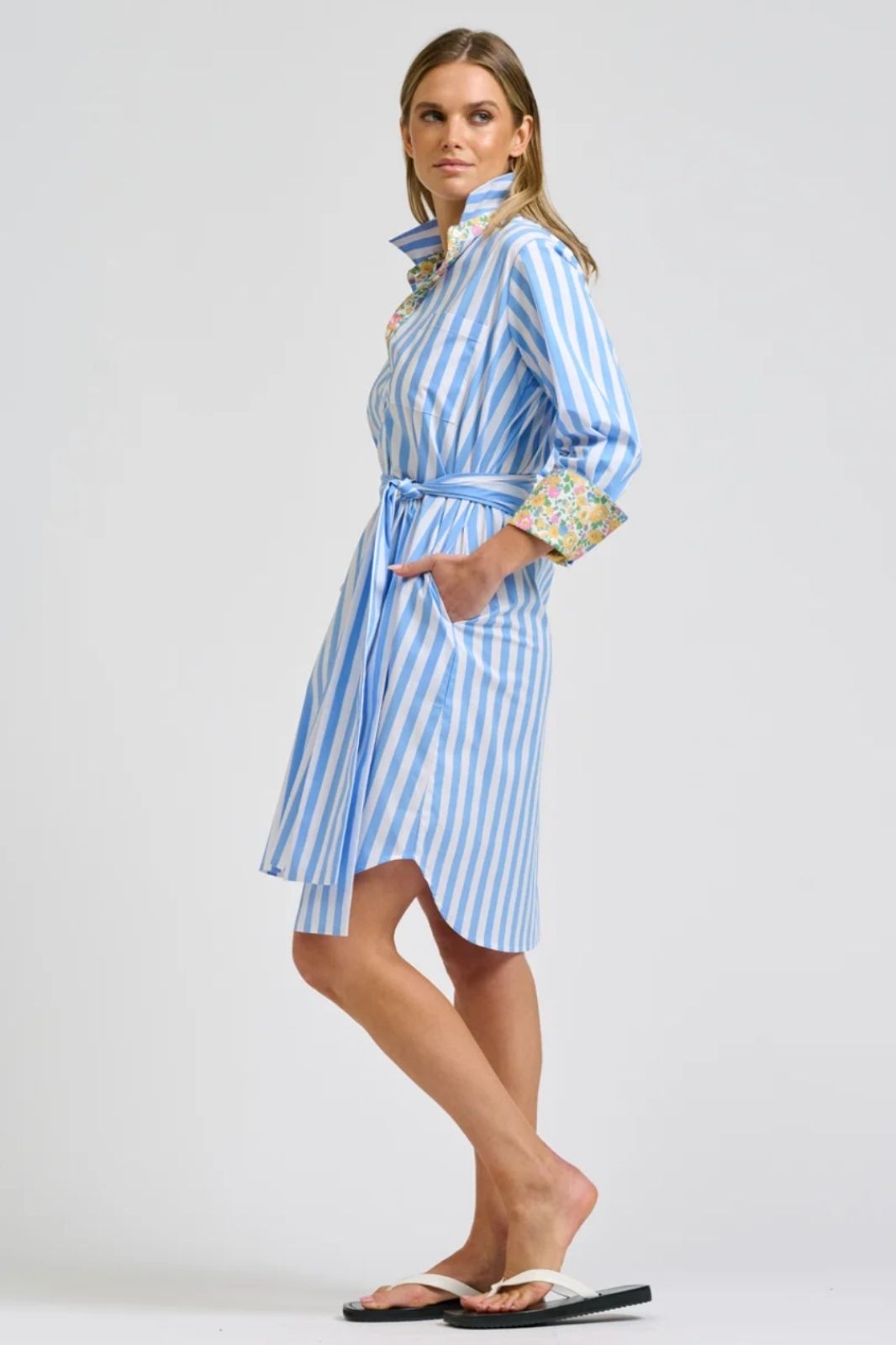 Winnie Classic Shirtdress | Pale Blue Stripe Floral Trim