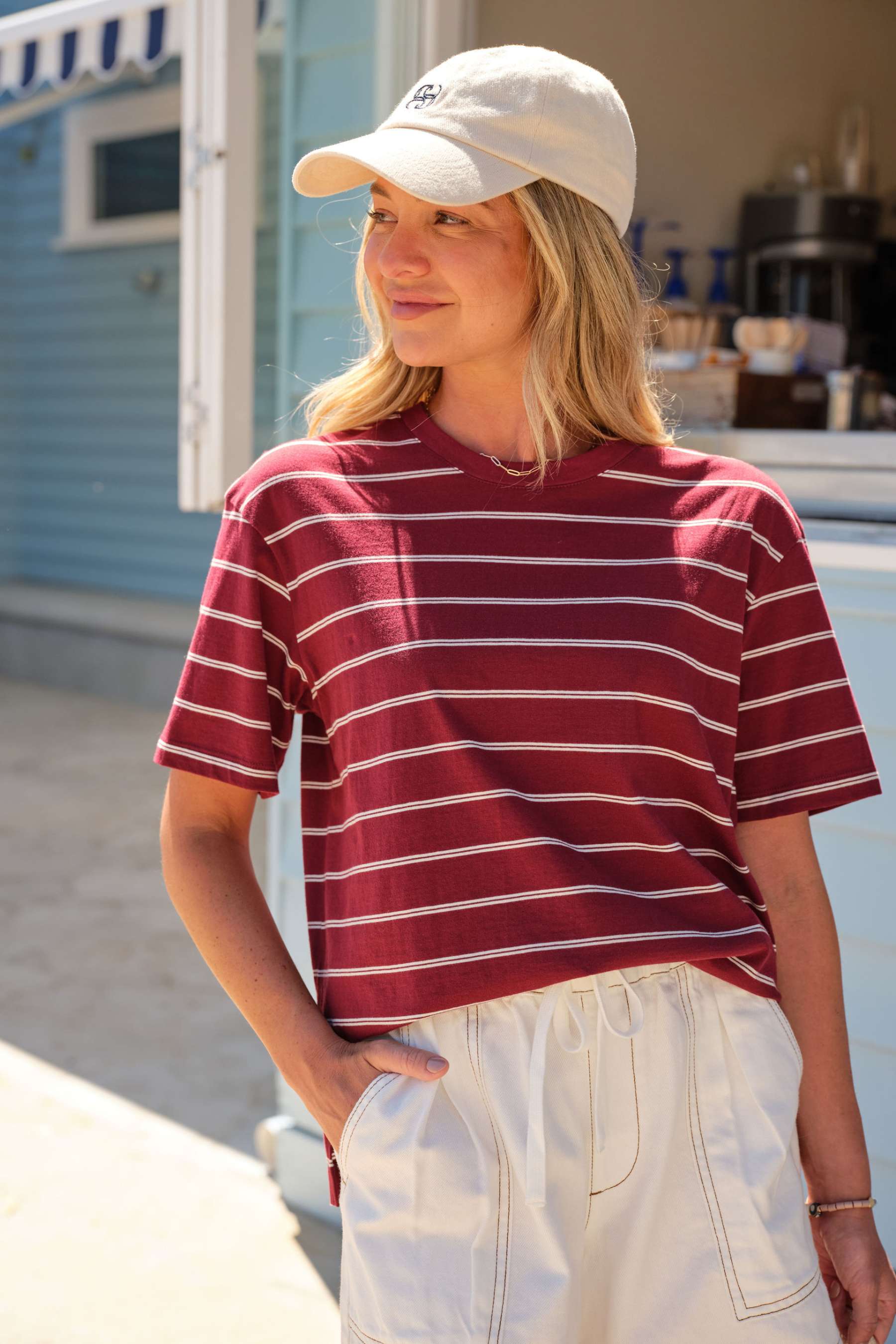 Stevie Slouchy Tee | Burgundy &amp; Milk Stripe