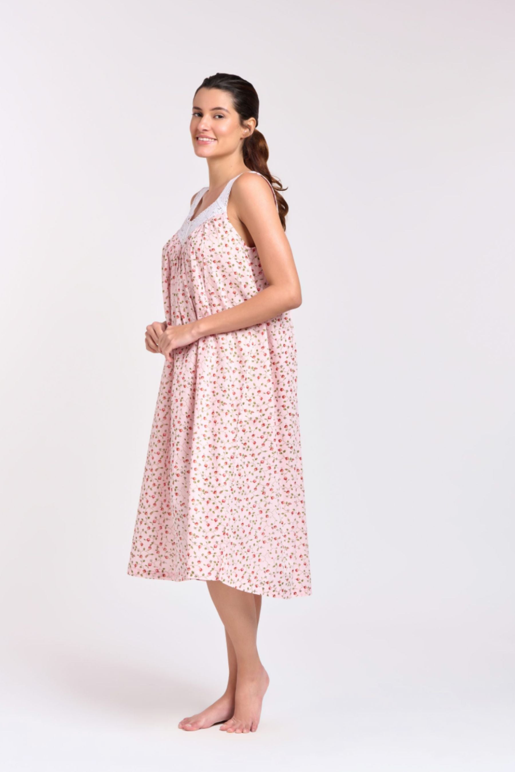 V Neck Laced Nightie | Pink Rose Floral