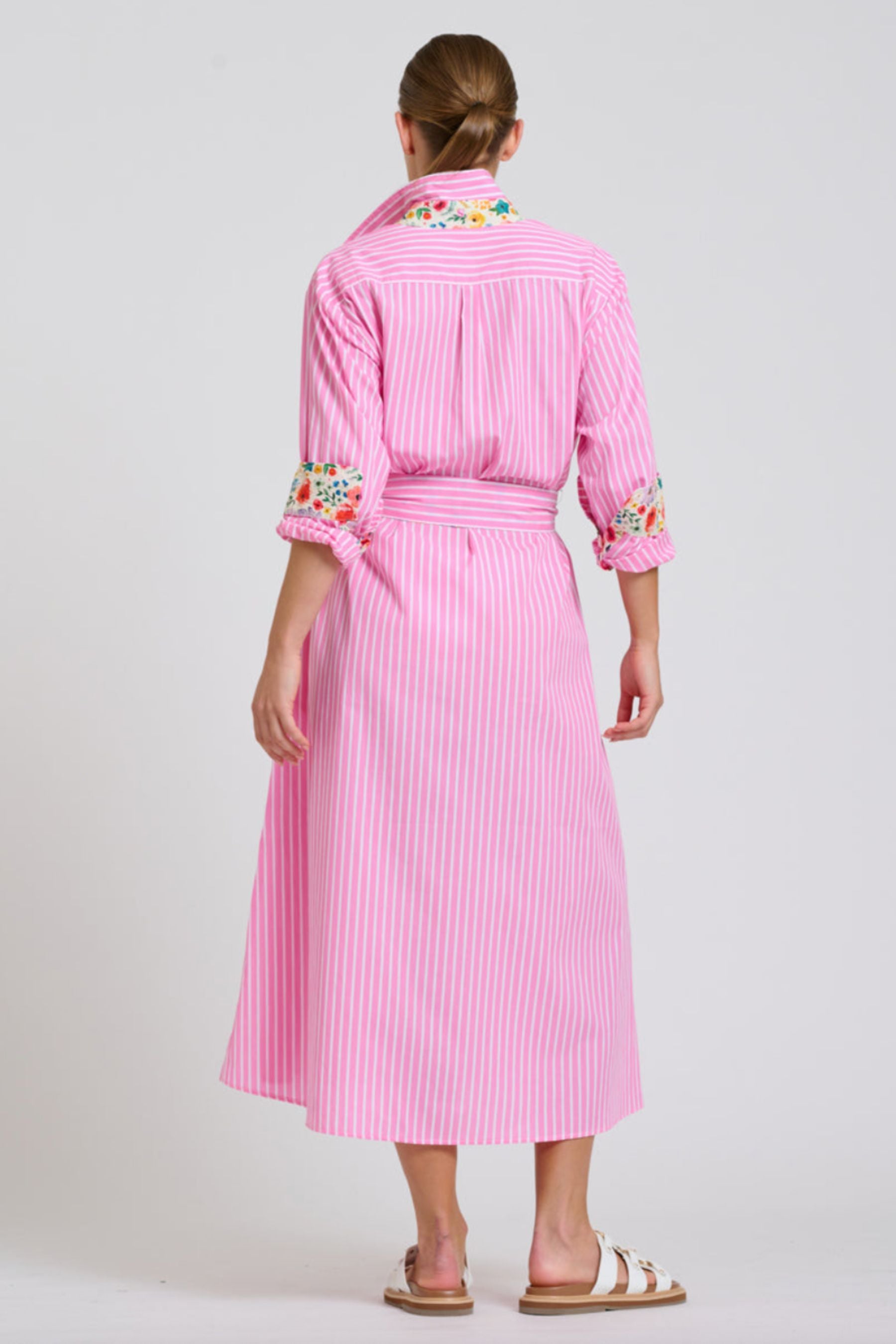 The Luna Longline Shirt Dress | Pink Stripe Floral Trim