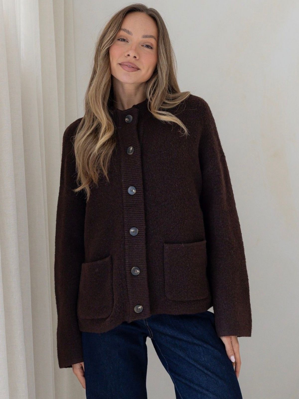 Funnel Neck Front Pocket  Cardi | Chocolate