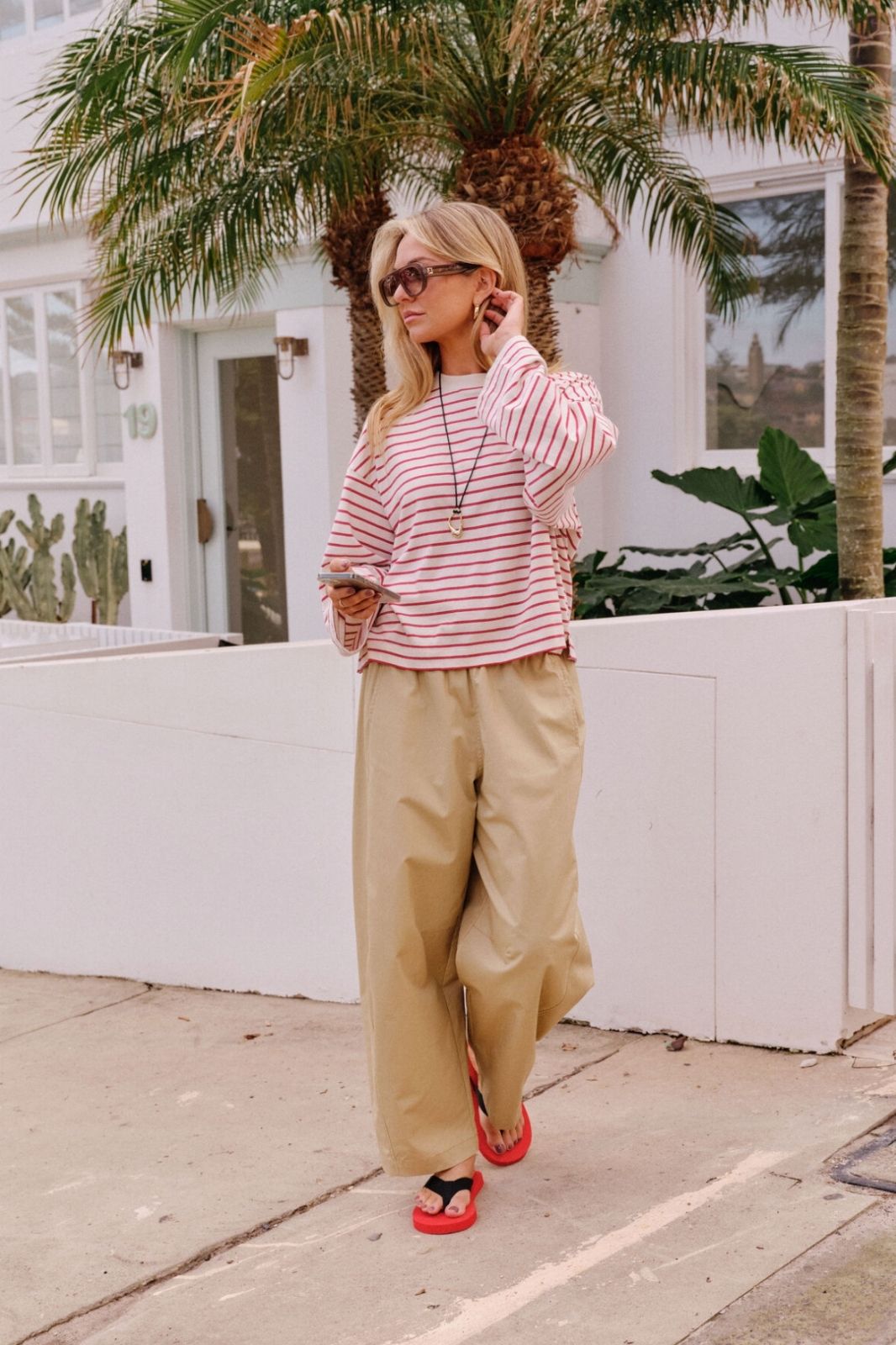 Beau Long Sleeve Slouchy Tee | Buff/Red Stripe