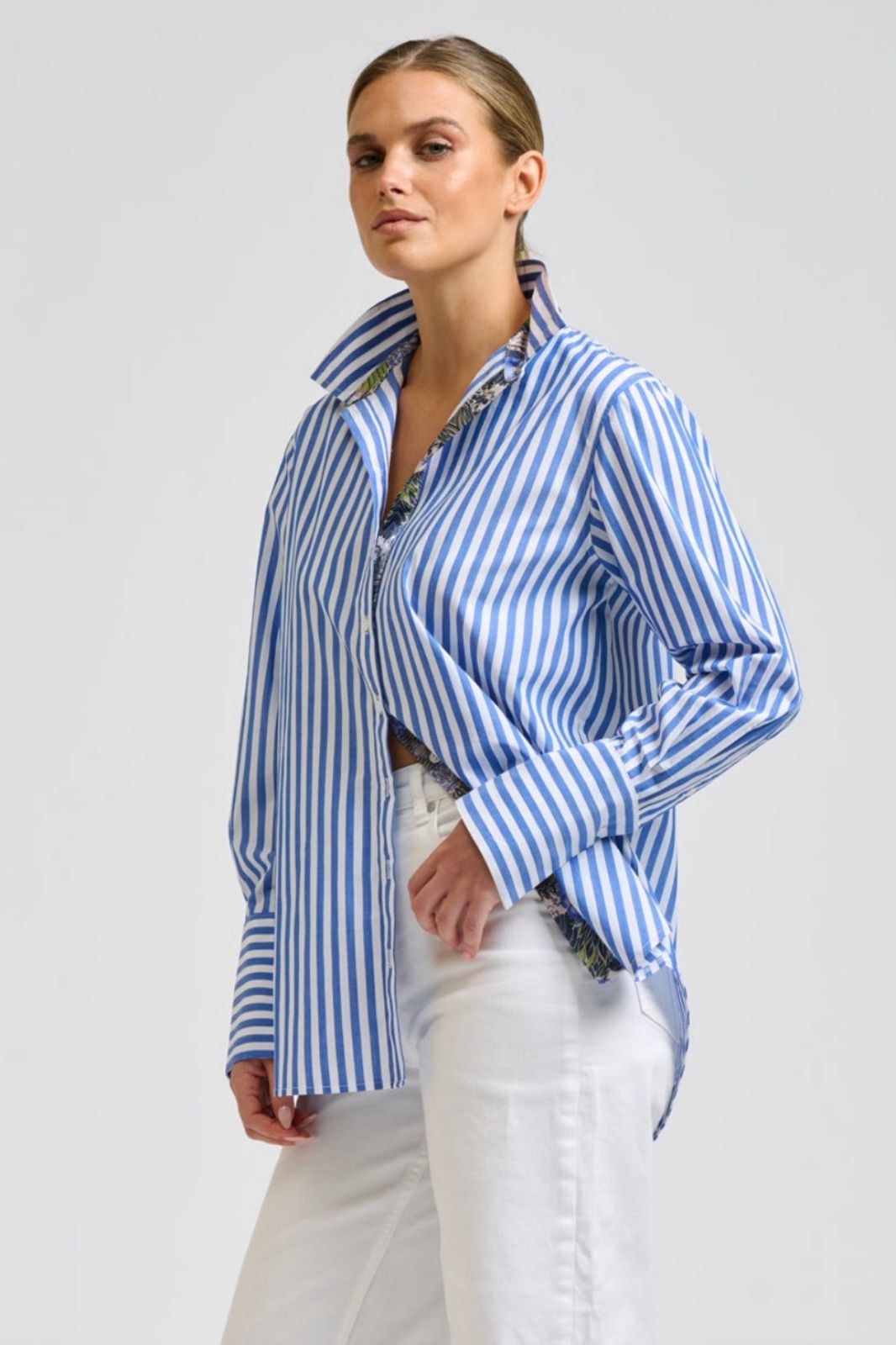 Elodie Trim Silk Shirt | Mid Blue Stripe