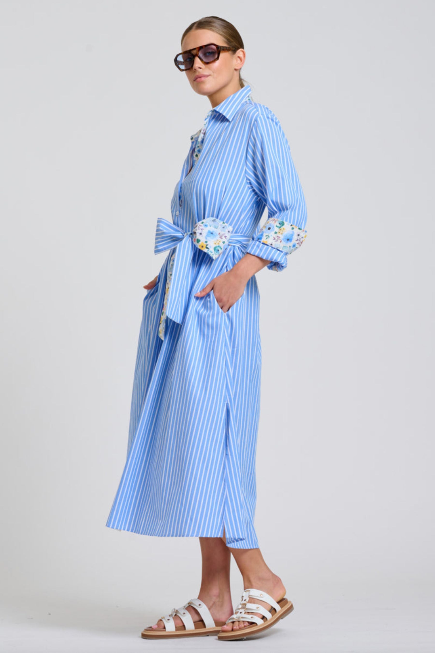The Luna Longline Shirt Dress | Blue Stripe Floral Trim